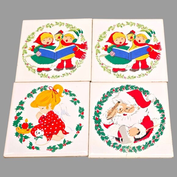 Set Of 4 Vintage Jasco 1981 Christmas Ceramic Tiles With Angel Santa & Carolers - Picture 1 of 16